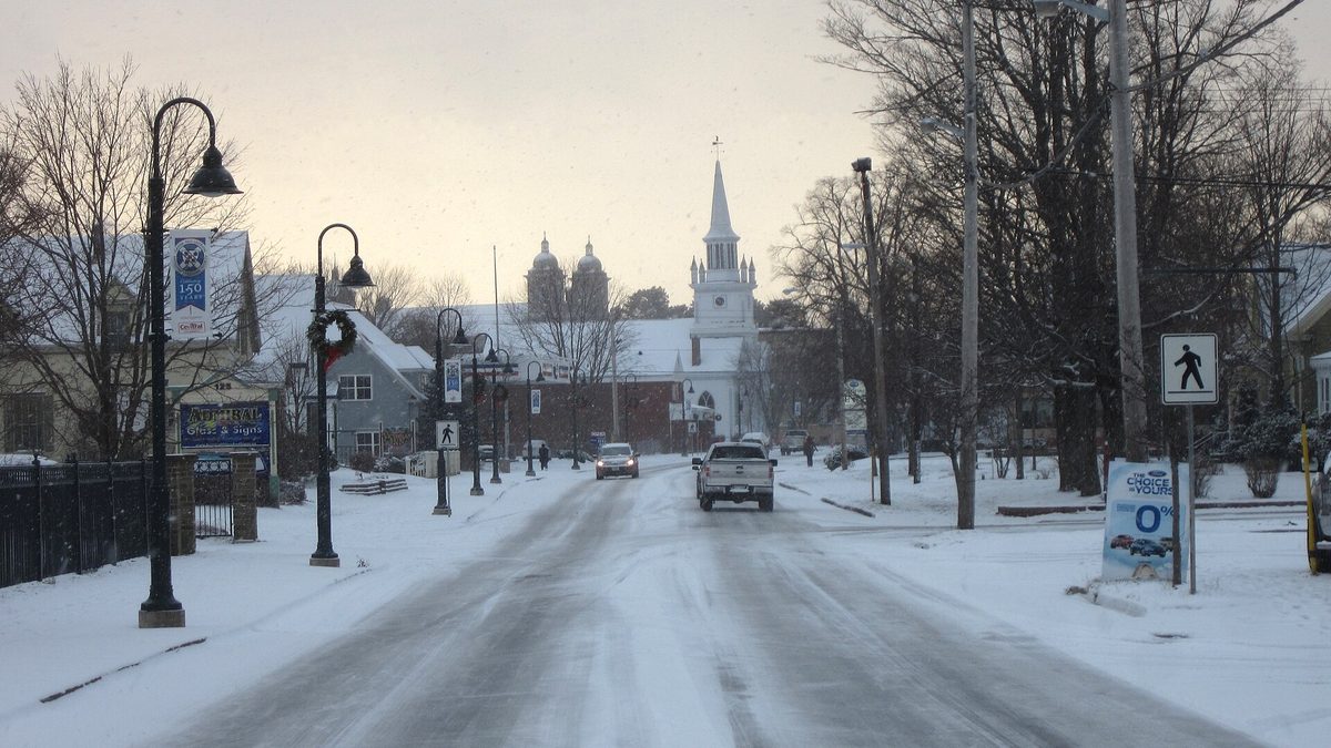 Main Street in Antigonish, Nova Scotia, with St. Ninian's Cathedral in the distance