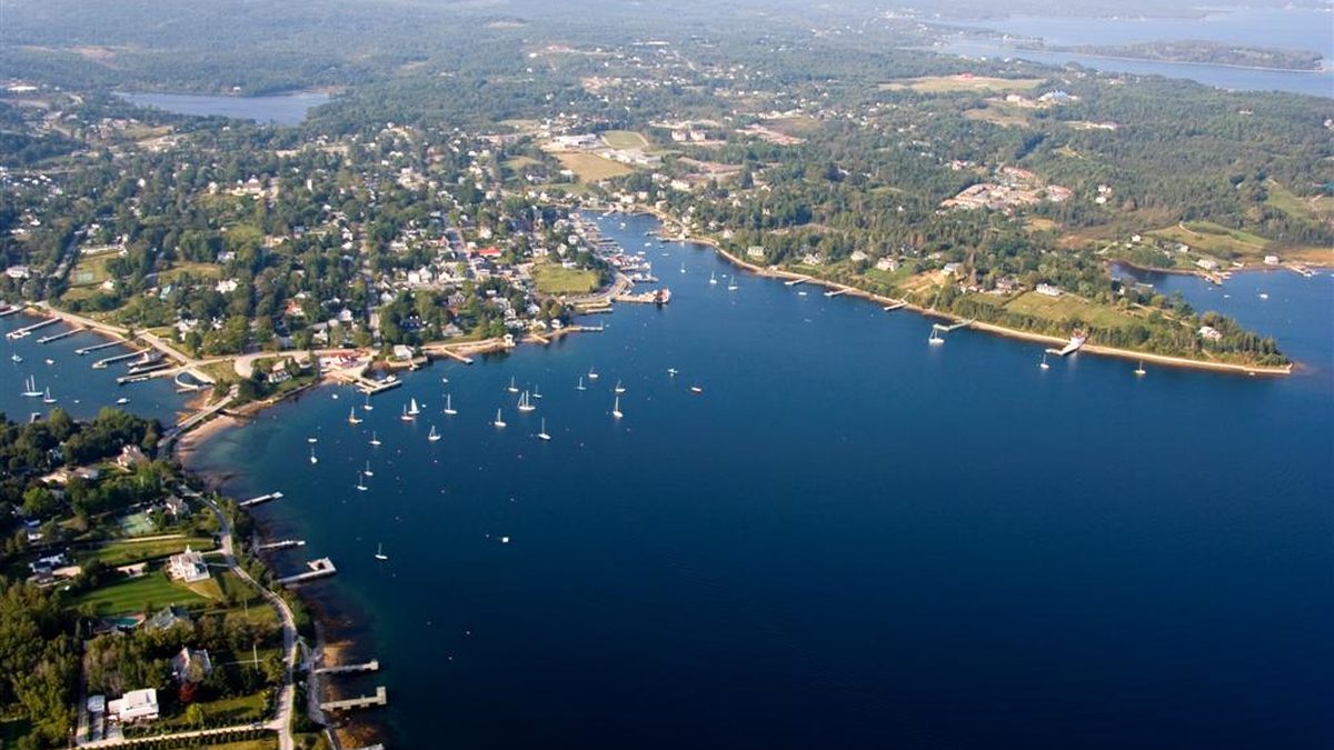 Aerial view of Chester, Nova Scotia, on its peninsula in Mahone Bay
